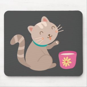 Cute cat with teacup cartoon mouse pad