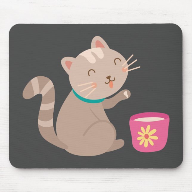 Cute cat with teacup cartoon mouse pad (Front)