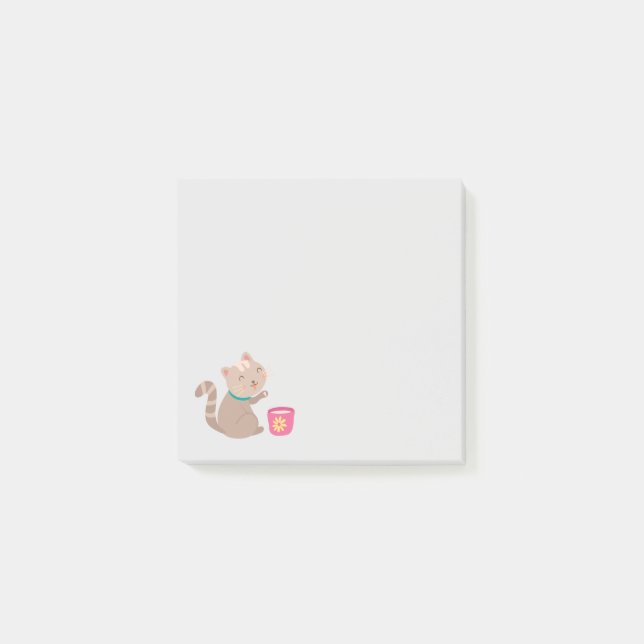 Cute cat with teacup cartoon post-it notes (Front)