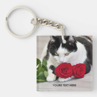 Cute cat with the red rose key ring