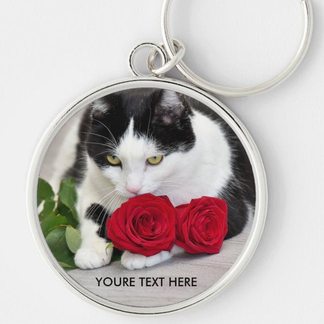 Cute cat with the red rose key ring (Front)