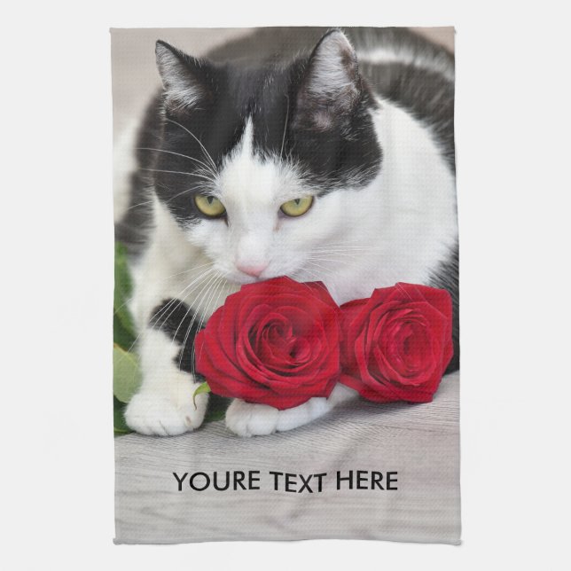 Cute cat with the red rose tea towel (Vertical)
