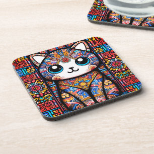 Cute Cat with Traditional Pattern Charm Coaster