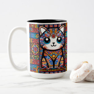 Cute Cat with Traditional Pattern Charm Two-Tone Coffee Mug