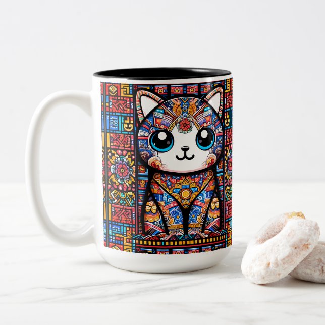 Cute Cat with Traditional Pattern Charm Two-Tone Coffee Mug (With Donut)