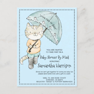 Cute Cat With Umbrella Baby Shower By Mail Invitation Postcard