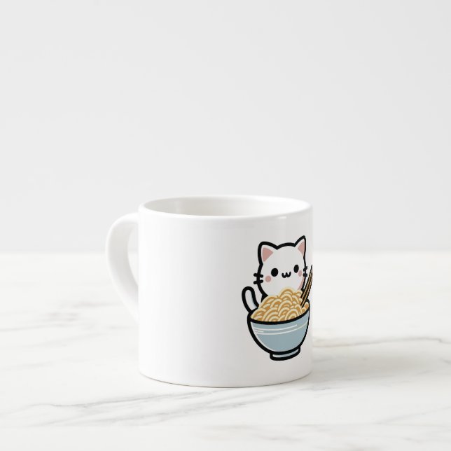 Cute Cat with Wok Noodles | Kawaii Animal Art Espresso Cup (Front Left)