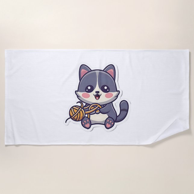 Cute Cat with Yarn Classic T-Shirt Beach Towel (Front)