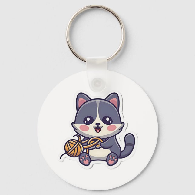 Cute Cat with Yarn Classic T-Shirt Key Ring (Front)