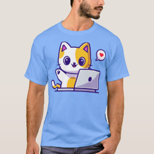 Cute Cat Working On Laptop Cartoon3 T-Shirt