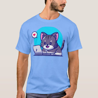 Cute Cat Working On Laptop Cartoon T-Shirt