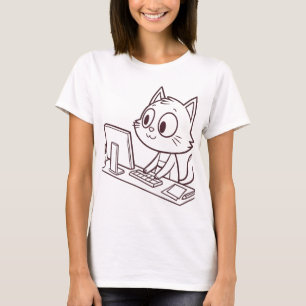 Cute Cat Working on Laptop T-Shirt - Funny Remote