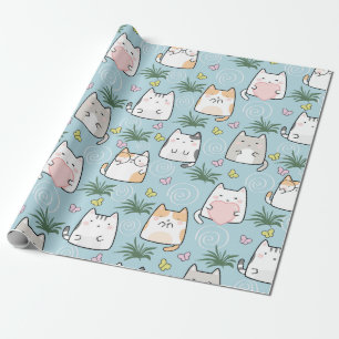 Cute Cat Wrapping Paper - Cartoon Cats on Blue