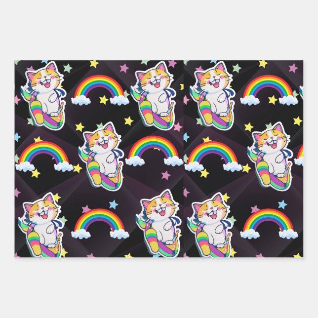 Cute cat wrapping paper Rainbow and colourful staa (Front)