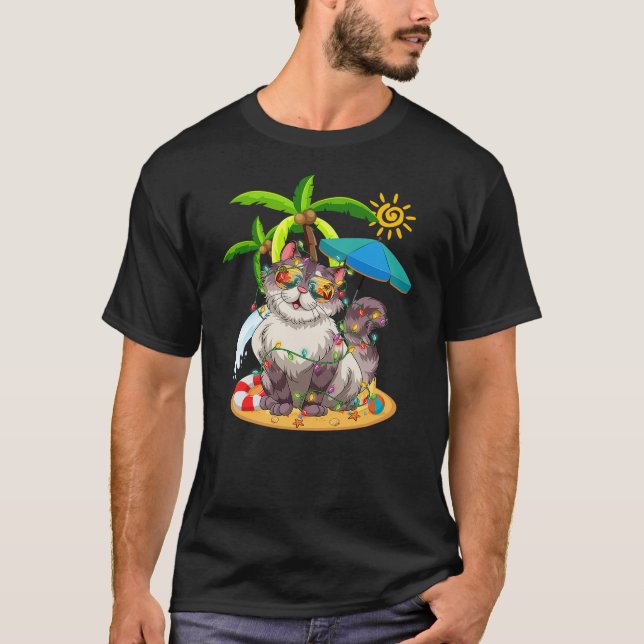 Cute Cat & Xmas Lights Palm Tree Christmas In July T-Shirt (Front)