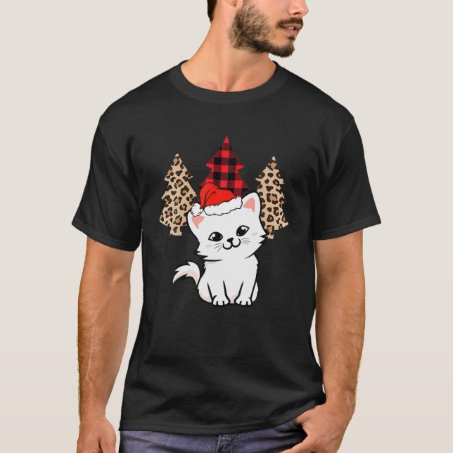 Cute Cat Xmas Plaid Leopard Print Christmas Tree W T-Shirt (Front)