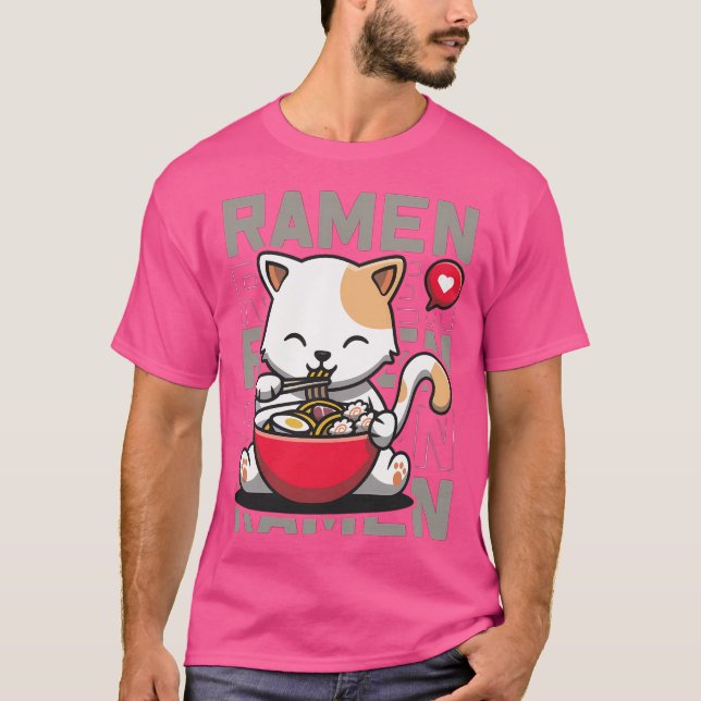 Cute Cate Eating Ramen Noodles Kawaii Kittie Eatin T-Shirt (Front)