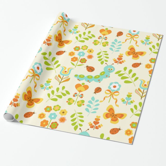 Cute caterpillar and flowers wrapping paper (Unrolled)