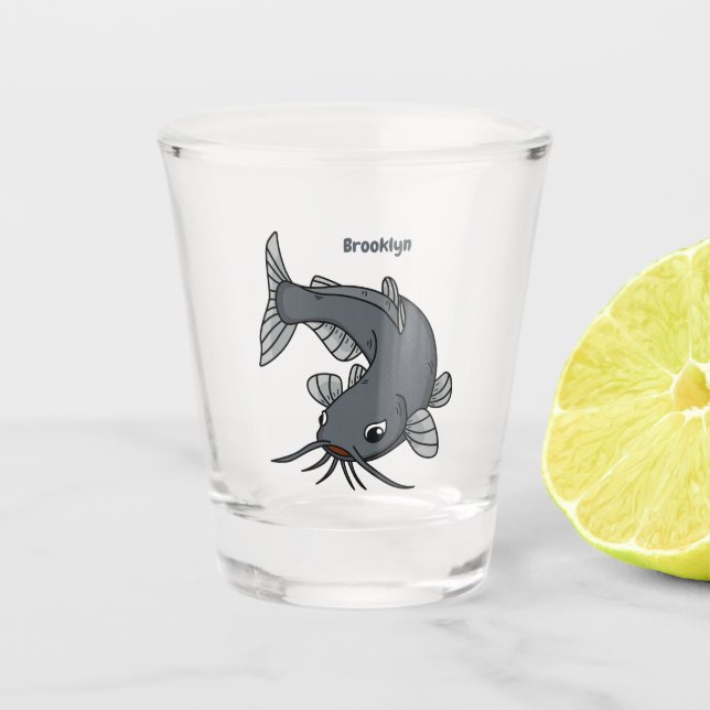 Cute catfish cartoon illustration  shot glass (Front)