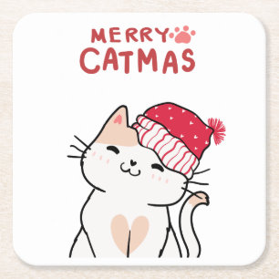 Cute Catmas Santa Hat Red Pink Kitty Cat Christmas Square Paper Coaster