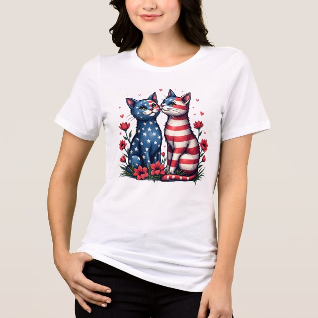 Cute Cats American Flag and Flowers Patriotic  Tri-Blend Shirt (Front)