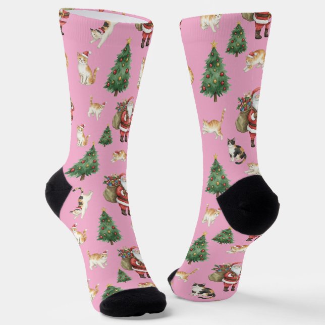 Cute Cats and Christmas Trees Pattern Socks  (Angled)