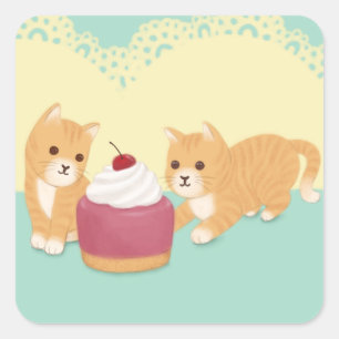 Cute Cats and Dessert Illustration Art Square Sticker