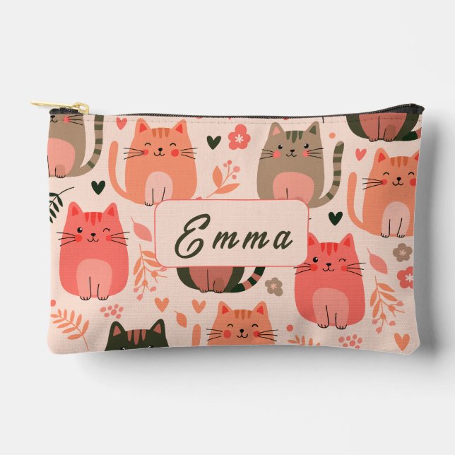 Cute Cats and Floral Pattern Custom Monogram Kids Accessory Pouch (Front)