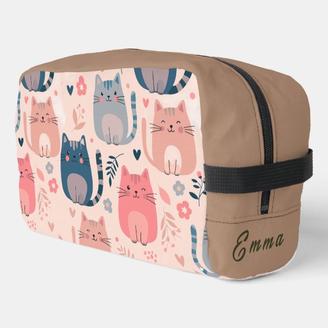 Cute Cats and Floral Pattern Custom Monogram Kids Dopp Kit (Left Corner)