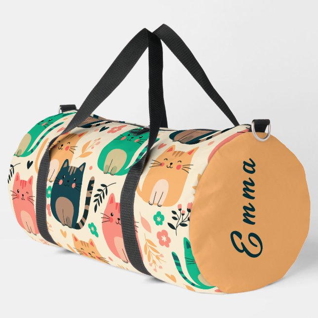 Cute Cats and Floral Pattern Custom Monogram Kids Duffle Bag (Left Corner)
