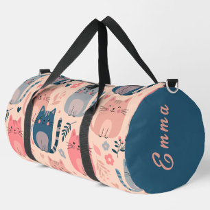 Cute Cats and Floral Pattern Custom Monogram Kids Duffle Bag