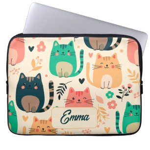 Cute Cats and Floral Pattern Custom Monogram Kids Laptop Sleeve