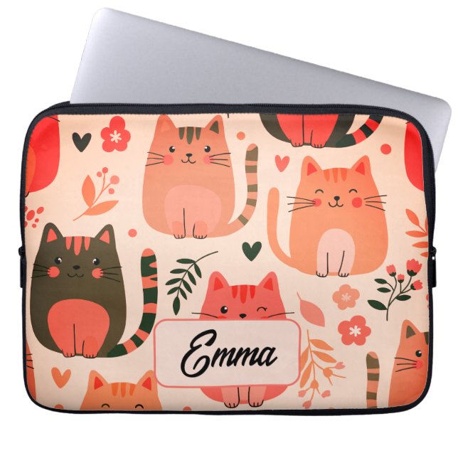 Cute Cats and Floral Pattern Custom Monogram Kids Laptop Sleeve (Front)