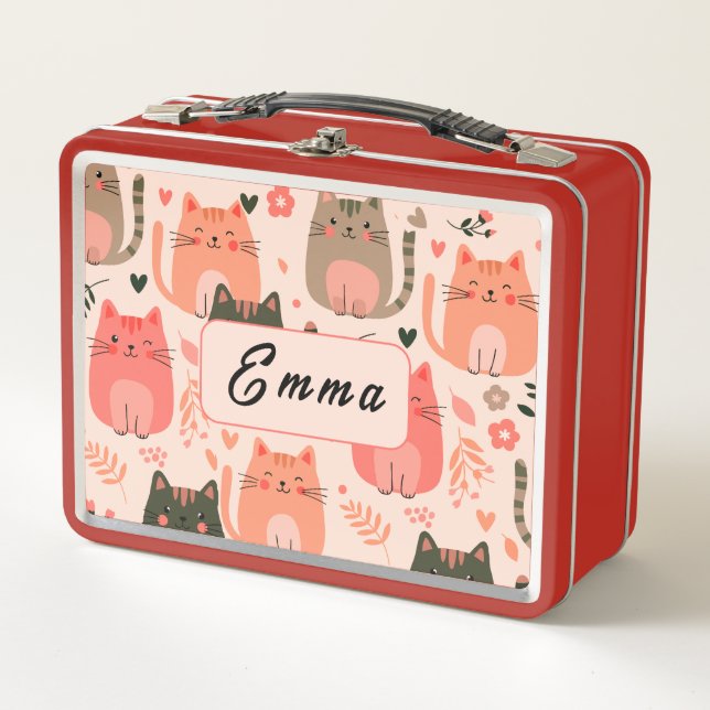 Cute Cats and Floral Pattern Custom Monogram Kids Metal Lunch Box (Front)