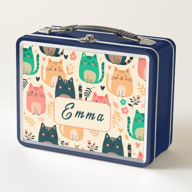 Cute Cats and Floral Pattern Custom Monogram Kids Metal Lunch Box (Front)
