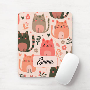 Cute Cats and Floral Pattern Custom Monogram Kids Mouse Pad
