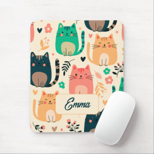 Cute Cats and Floral Pattern Custom Monogram Kids Mouse Pad