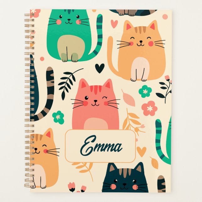 Cute Cats and Floral Pattern Custom Monogram Kids Planner (Front)