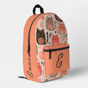 Cute Cats and Floral Pattern Custom Monogram Kids Printed Backpack