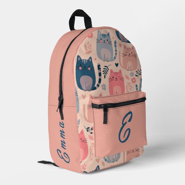 Cute Cats and Floral Pattern Custom Monogram Kids Printed Backpack (Back Corner Left)
