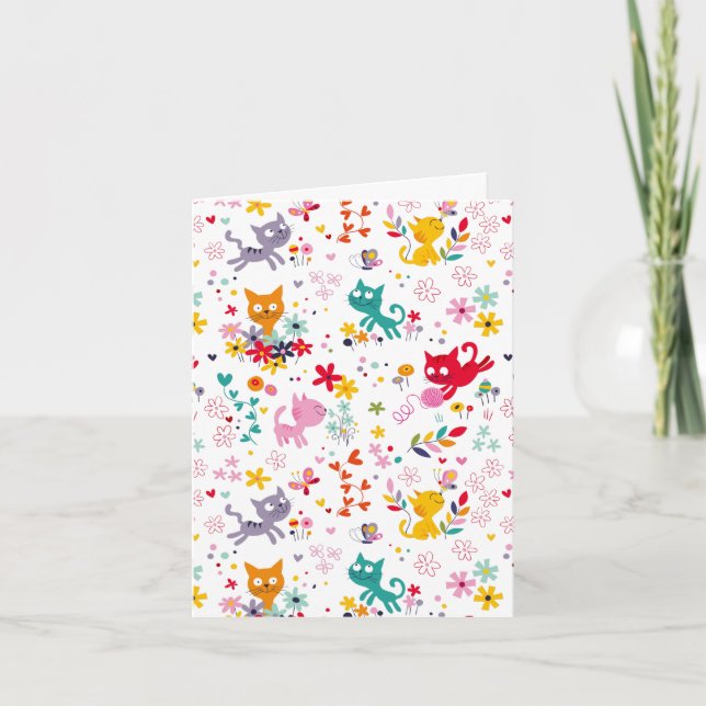 Cute Cats and Flower Fun Note Card (Front)