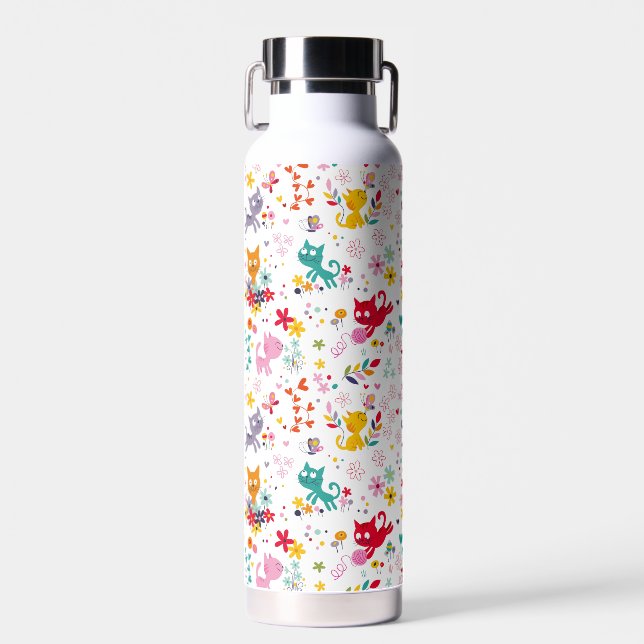 Cute Cats and Flower Fun  Water Bottle (Front)