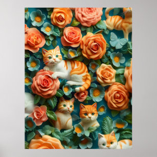 Cute Cats and Flowers Design  Poster
