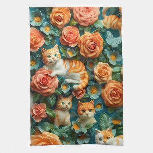 Cute Cats and Flowers Design Tea Towel