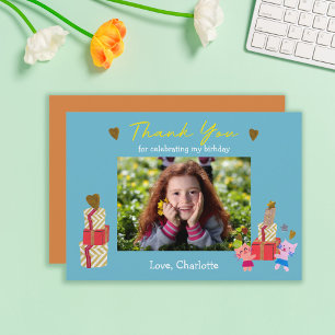 Cute Cats and Gifts Blue Kids Birthday Photo Thank You Card