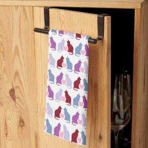 Cute Cats and Hearts Pattern Tea Towel
