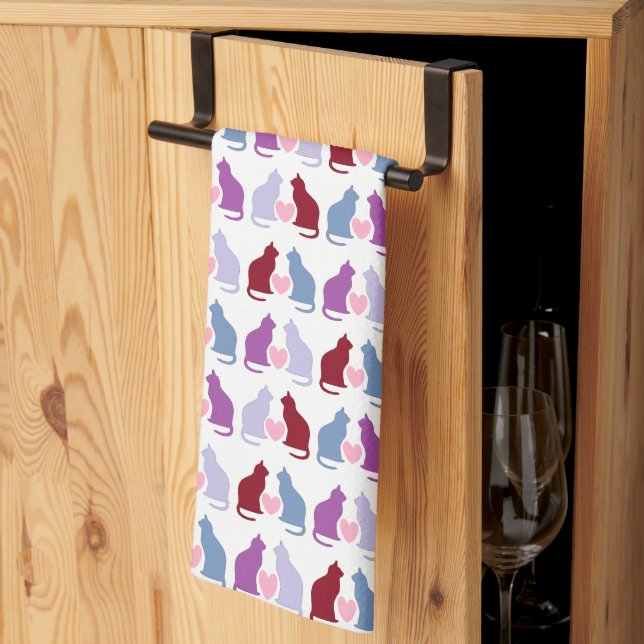 Cute Cats and Hearts Pattern Tea Towel (Thirds Fold)