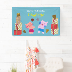 Cute Cats and Presents Blue Kids Birthday Party Banner