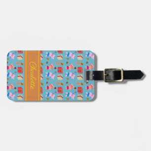 Cute Cats and Presents Pattern Kids Name Blue Luggage Tag