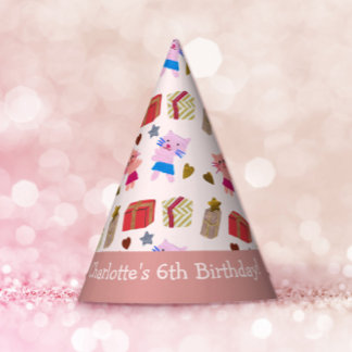 Cute Cats and Presents Pink Kids Birthday Party Hat